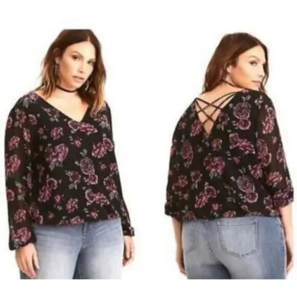 Torrid Floral Sheer Sleeve V-Neck Blouse - A29 - Picture 2 of 5